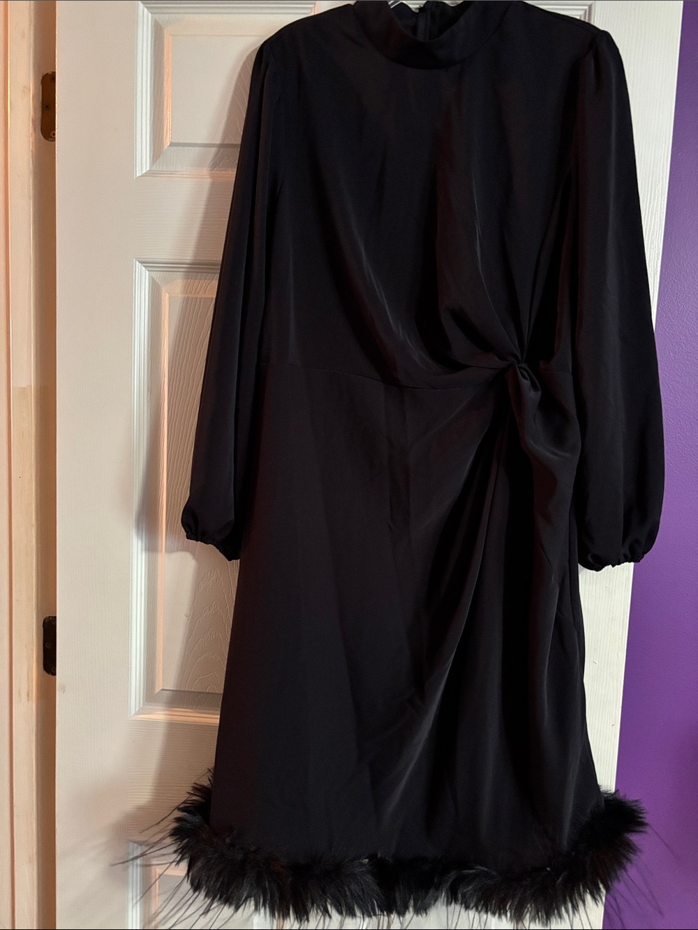 SHEIN Black Long Sleeve Knot-Front Dress with Feather Trim